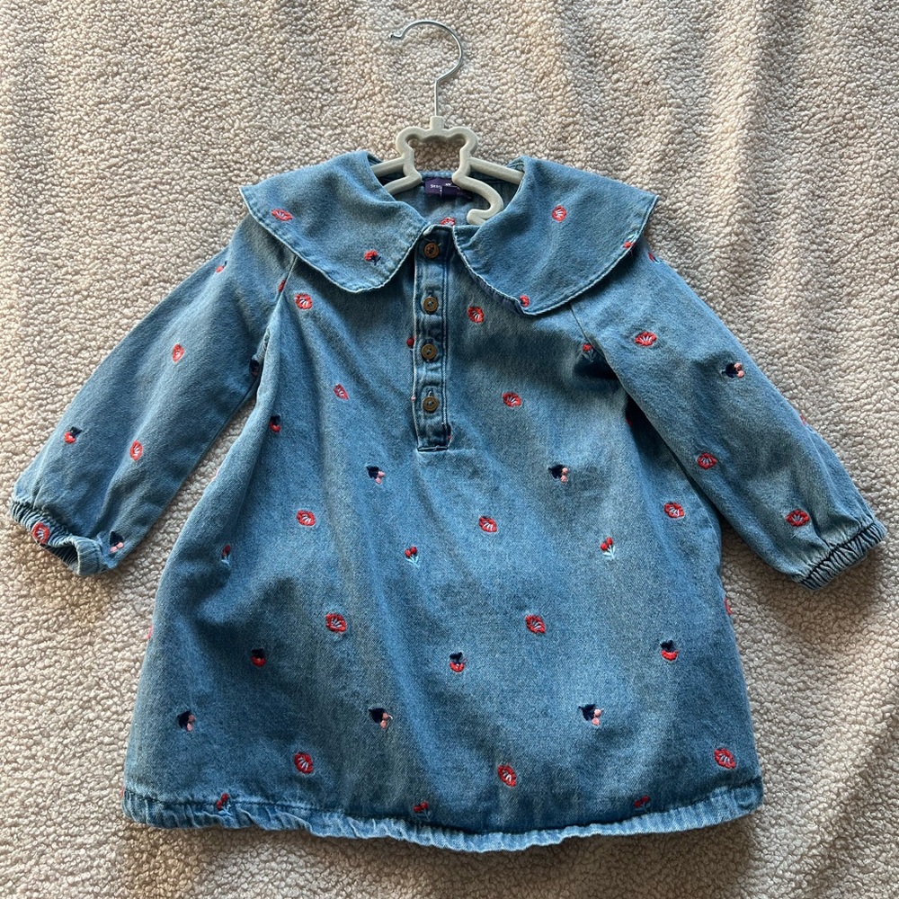Blue Denim Kids Dress with Floral Embroidery